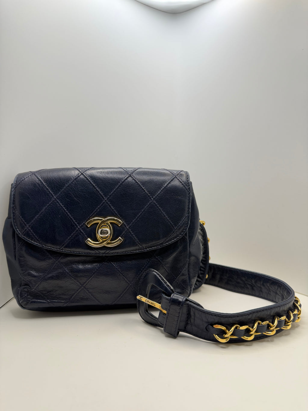 Chanel Navy Blue Lamb skin belt bag w/ 75 cm belt