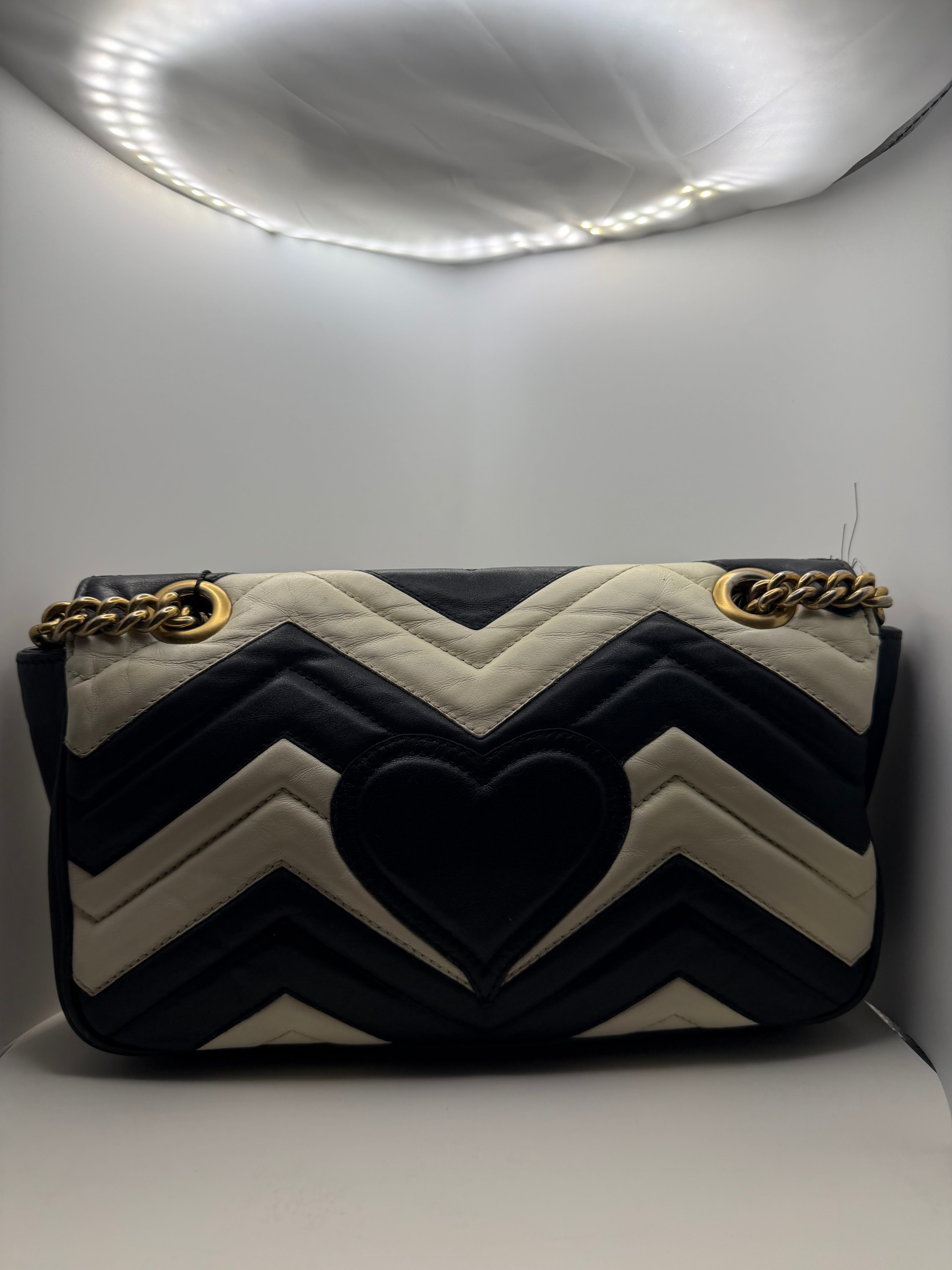 Gucci Calfskin Matelasse Medium GG Marmont Shoulder bag, Black & white  w/ dustbag