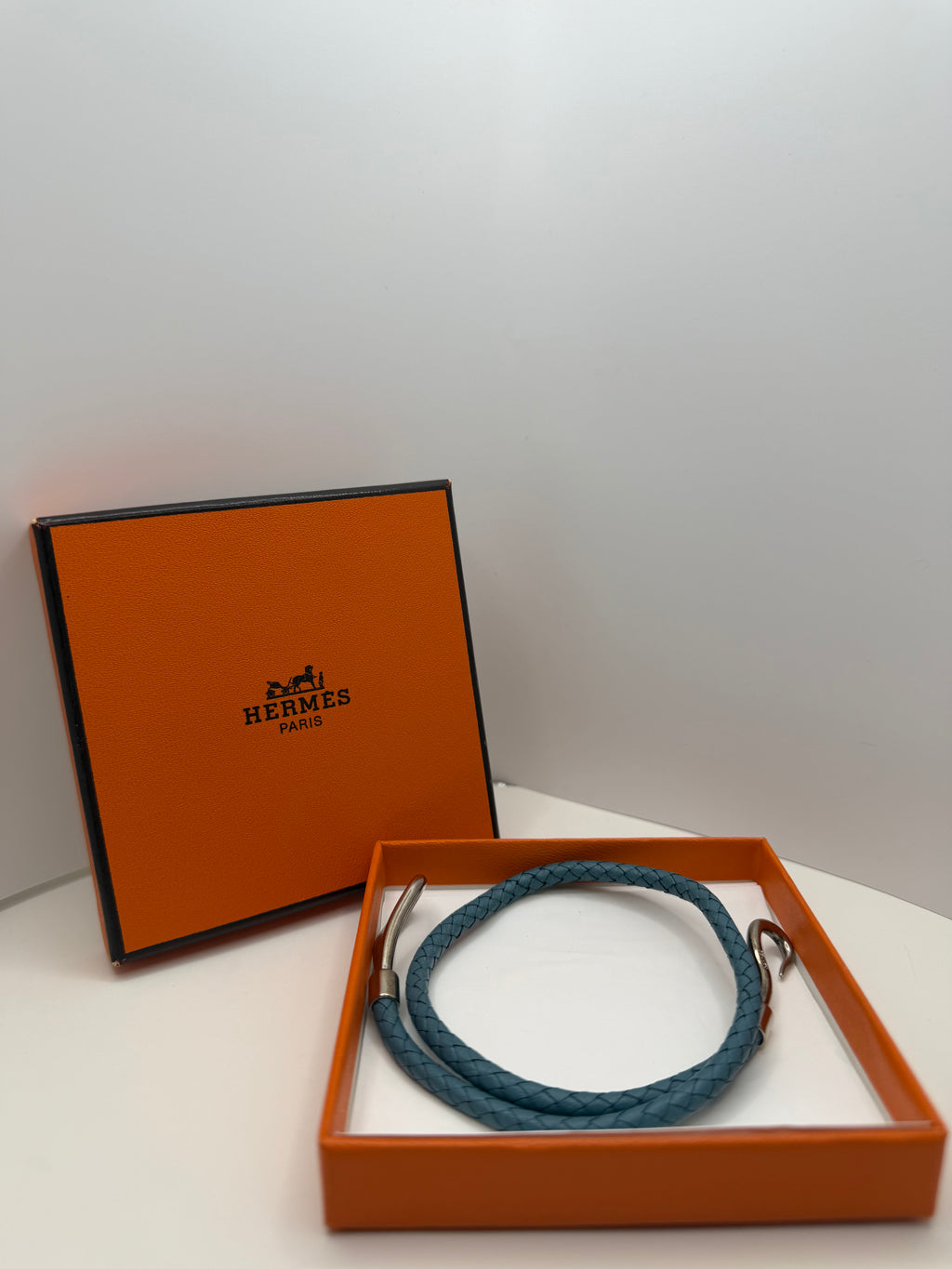 Hermes Jumbo Hook Palladium Woven Leather double wrap bracelet/choker  w/box