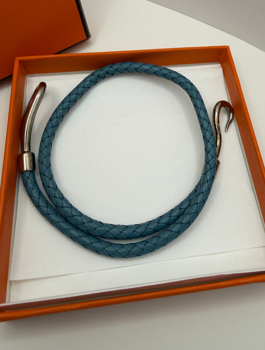 Hermes Jumbo Hook Palladium Woven Leather double wrap bracelet/choker  w/box