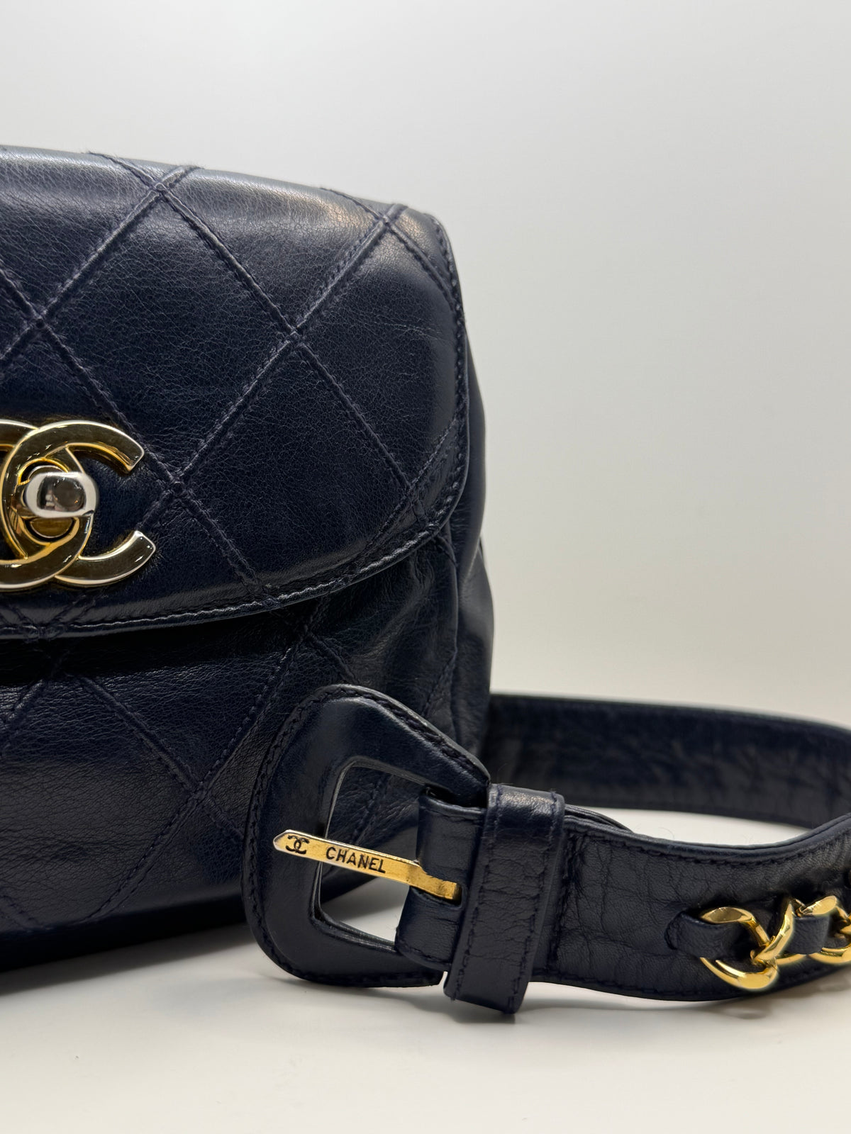 Chanel Navy Blue Lamb skin belt bag w/ 75 cm belt