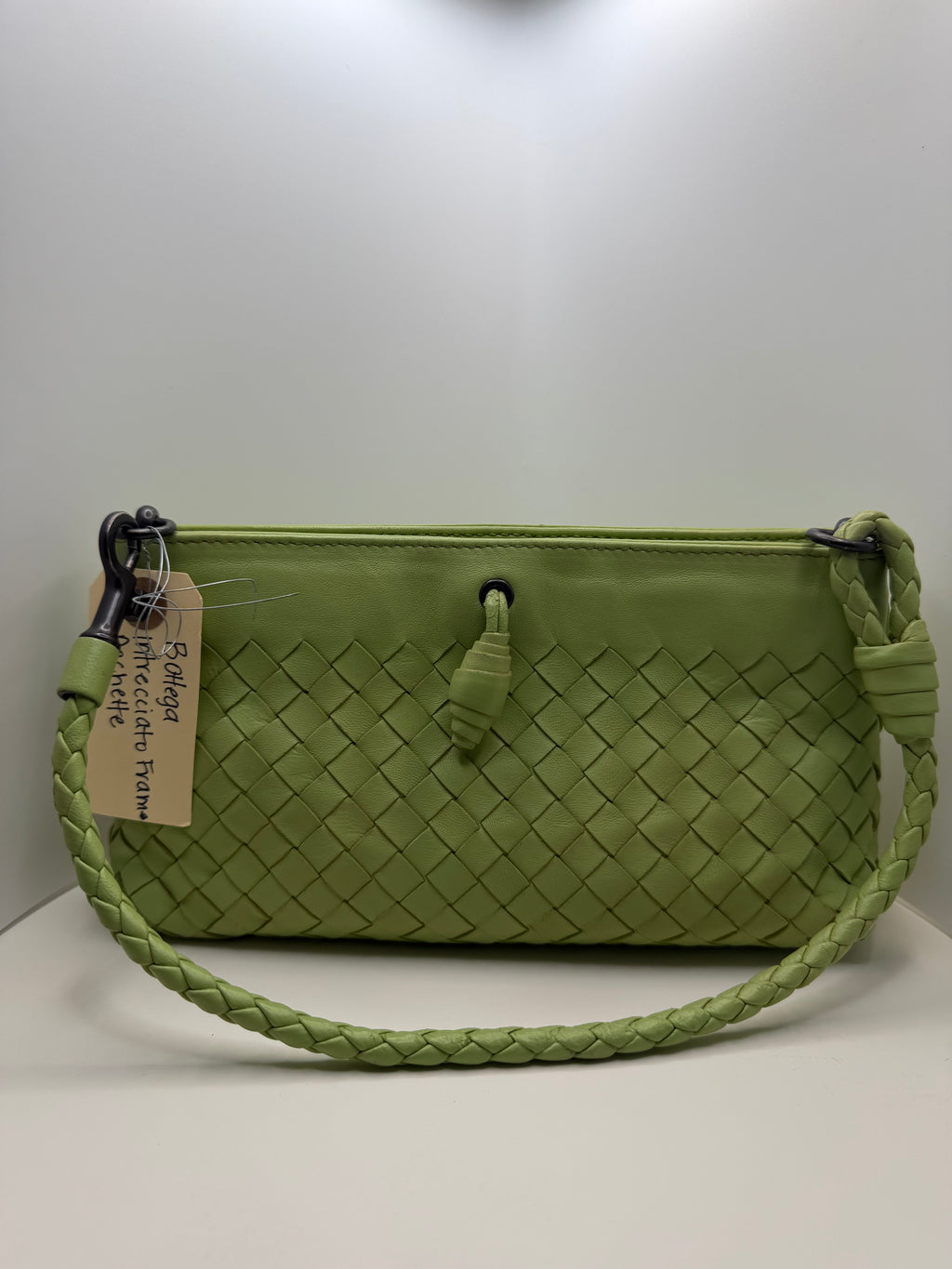 BOTTEGA VENETA Intrecciato Woven Leather Frame Pochette Mint Wristlet