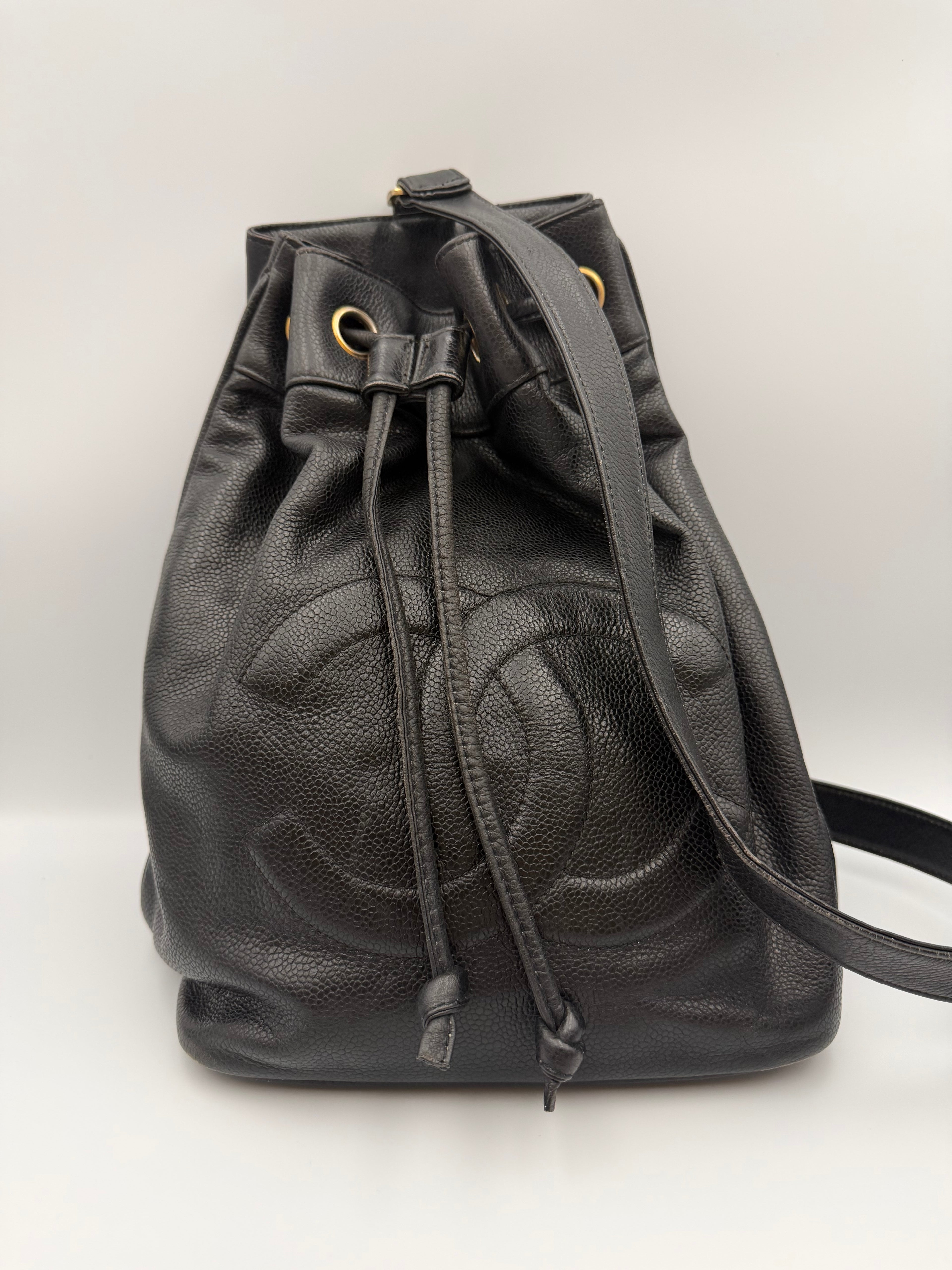 Vintage Chanel Black Caviar Leather Large CC Drawstring Bucket Bag