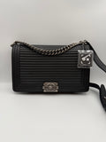 Chanel Boy Striped New Medium Black Leather Flap Bag with Gunmetal Hardware