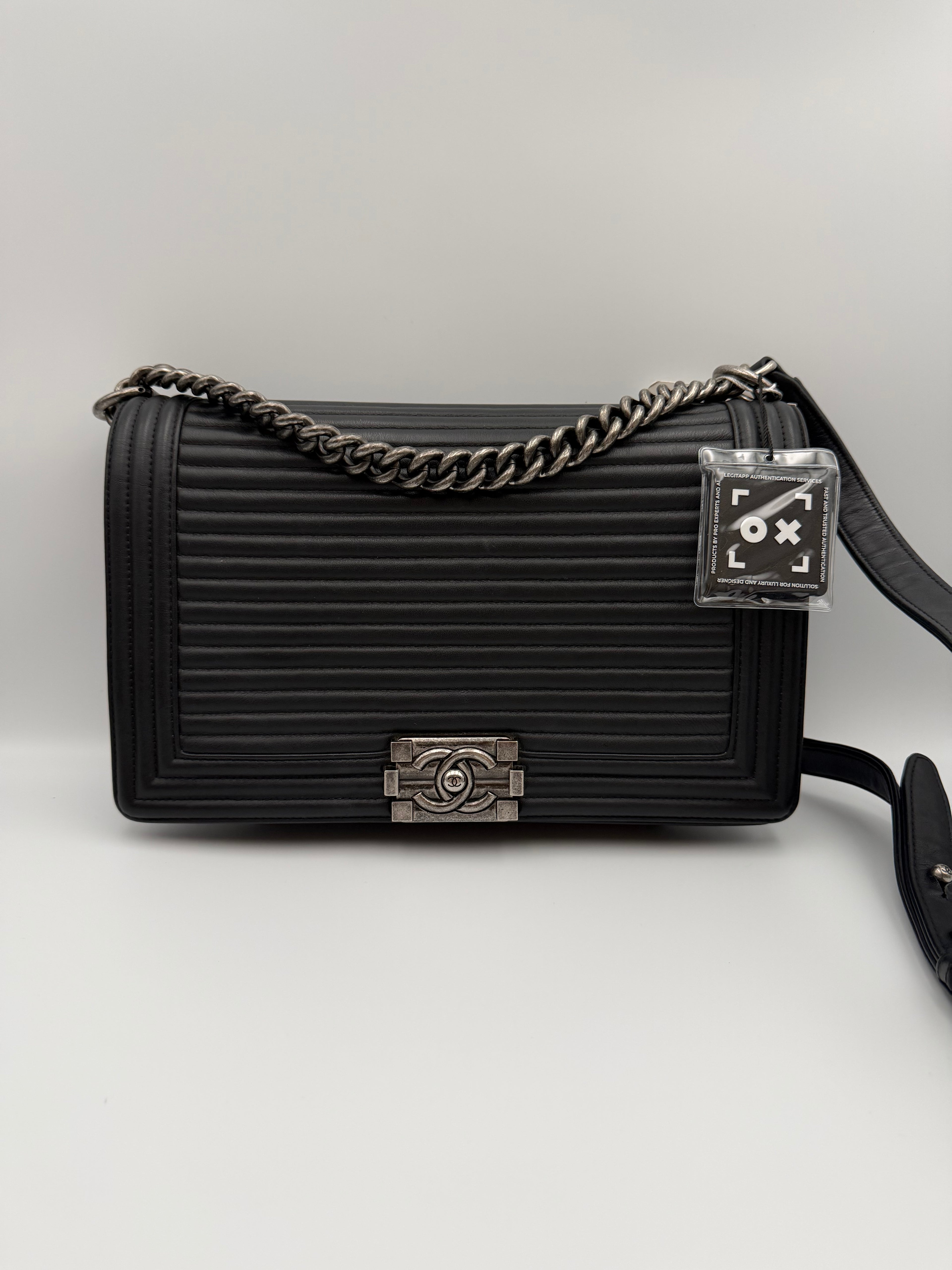 Chanel Boy Striped New Medium Black Leather Flap Bag with Gunmetal Hardware
